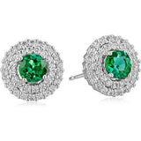 .925 Sterling Silver & Round Created Emerald 18" Pendant Necklace and Stud Earrings Set with Created White Sapphire Double Halo Styling - May Birthstone