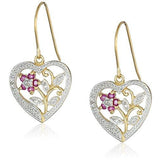 18k Yellow Gold Plated Sterling Silver Genuine Ruby and Diamond Accent Heart Dangle Earrings
