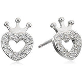 Girls' Petite Sterling Silver Cubic Zirconia Open Heart with Princess Crown Stud Earrings