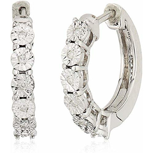 Rhodium-Plated .925 Sterling Silver 1/20 Cttw 4-prong setting Diamond-Accent Diamond Cut Huggie Petite 5/8" Round Hoop Earrings (I-J Color, I2-I3 Clarity)