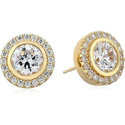 18K Yellow Gold Plated .925 Sterling Silver Floating Halo Round Cubic Zirconia 1/2" Stud Earrings