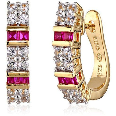 18k Yellow Gold Plated Sterling Silver Created Ruby and White Sapphire Hoop Earrings