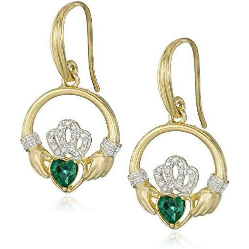 18k Yellow Gold Plated Sterling Silver Created Emerald and Diamond Accent Claddagh Drop Earrings