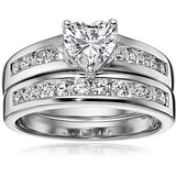 Platinum Plated Sterling Silver Cubic Zirconia Heart-Shaped Ring Set, Size 7