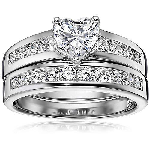 Platinum Plated Sterling Silver Cubic Zirconia Heart-Shaped Ring Set, Size 7