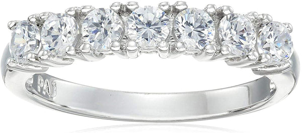 Platinum-Plated 925 Sterling Silver Seven-Stone Cubic Zirconia Classic Prong-Set Wedding or Anniversary Ring