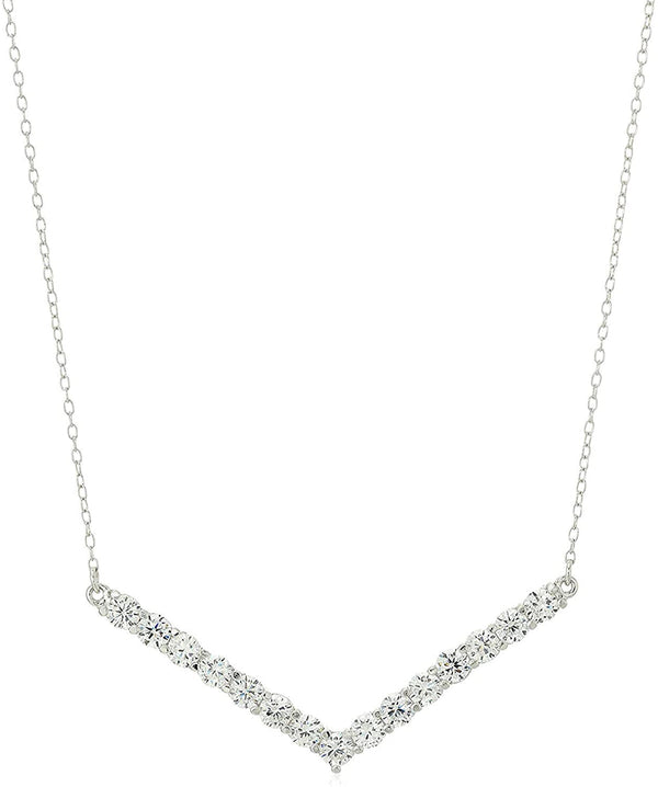 Rhodium Plated .925 Sterling Silver Cubic Zirconia Chevron Pointed V Bar Suspended Pendant Necklace, 16" + 2" Extender