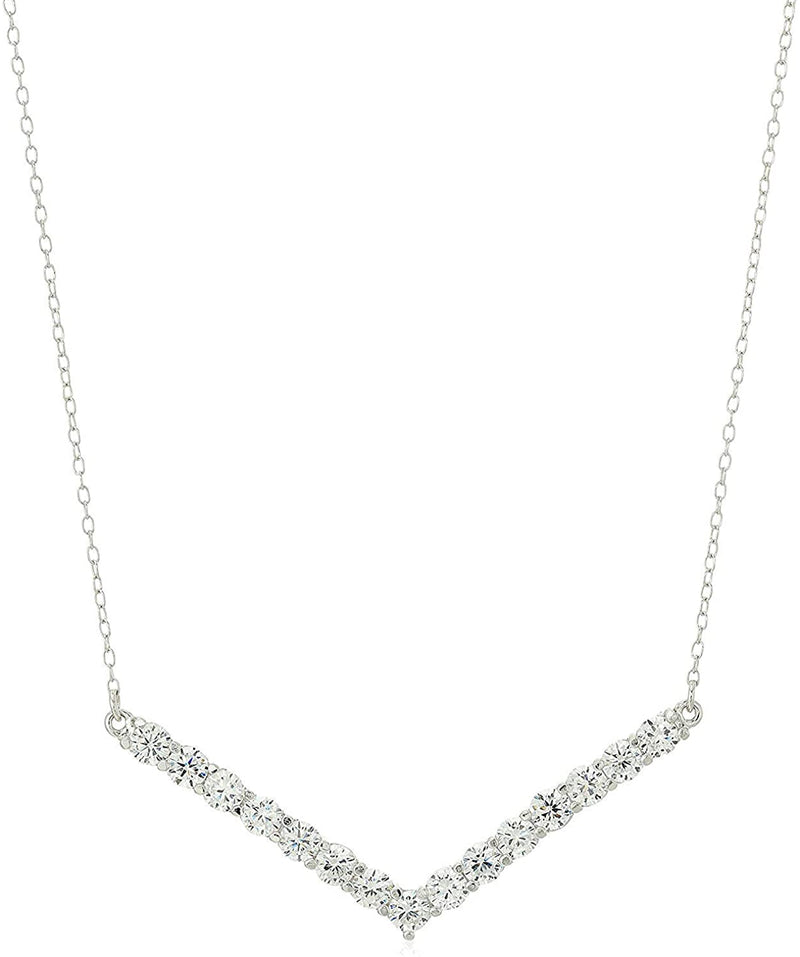 Rhodium Plated .925 Sterling Silver Cubic Zirconia Chevron Pointed V Bar Suspended Pendant Necklace, 16" + 2" Extender