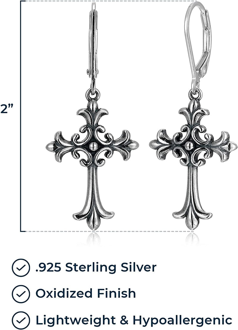 Sterling Silver Oxidized Celtic Cross Fleur de Lys Dangle or Stud Earrings