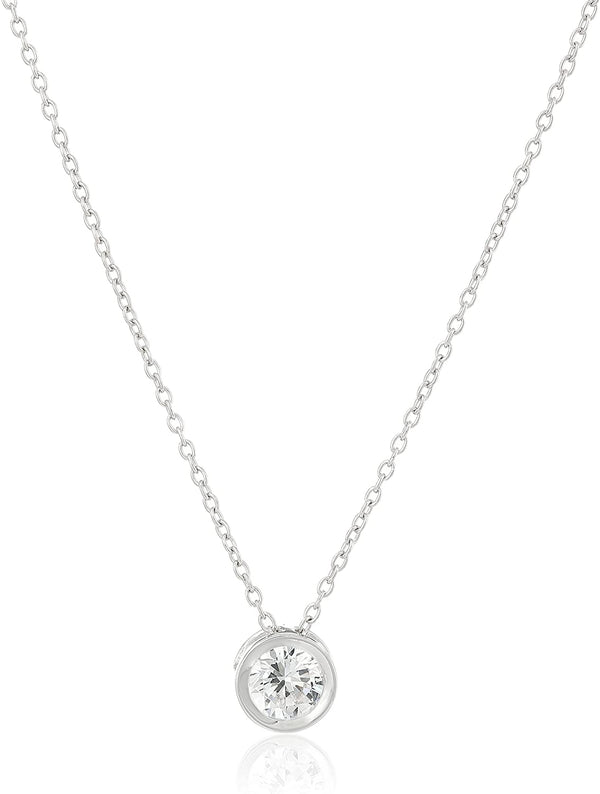 Platinum Plated Sterling Silver Round 6.5mm Cubic Zirconia Bezel Set Solitaire Pendant Necklace, 18"