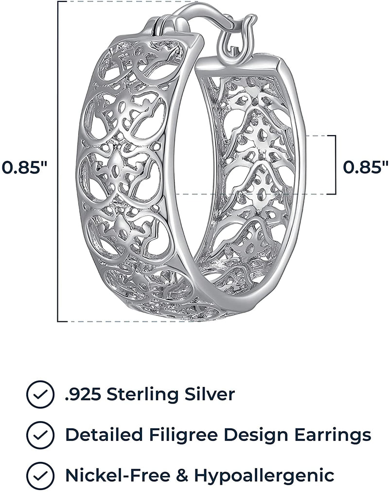 Sterling Silver Filigree Round Hoop Earrings