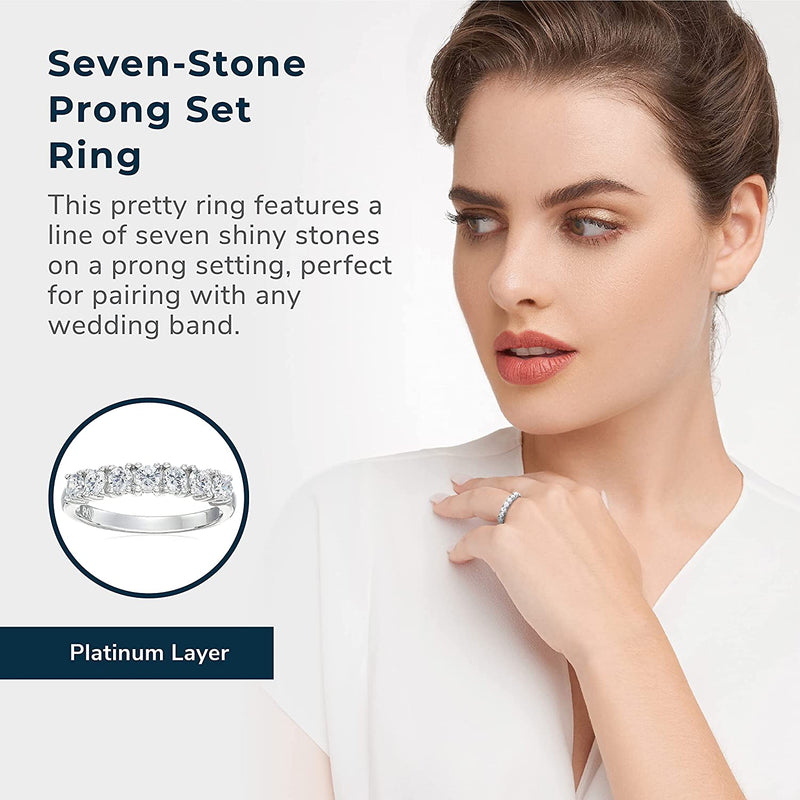 Platinum-Plated 925 Sterling Silver Seven-Stone Cubic Zirconia Classic Prong-Set Wedding or Anniversary Ring