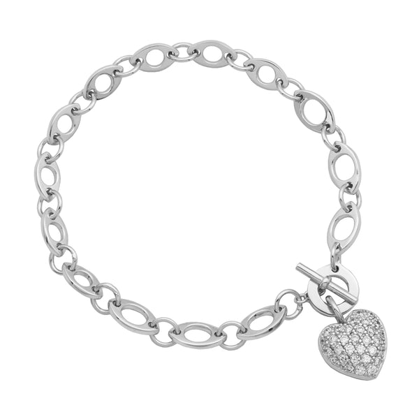Sterling Silver Cubic Zirconia Pavé Heart Charm Bracelet, 7.25"