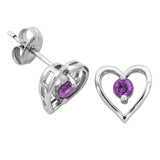 Dainty 925 Sterling Silver Genuine Amethyst February Birthstone Open Heart Petite Demi-Fine Stud Earrings