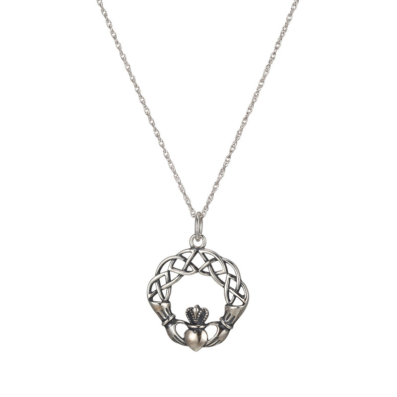 Oxidized Sterling Silver Claddagh Celtic Knot Pendant Necklace, 18"