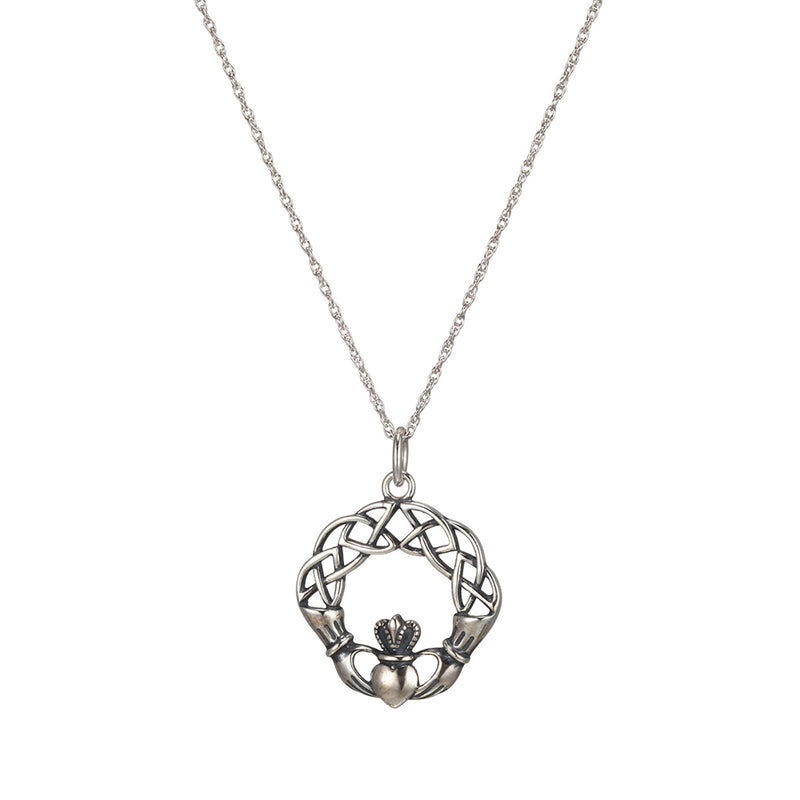 Oxidized Sterling Silver Claddagh Celtic Knot Pendant Necklace, 18"