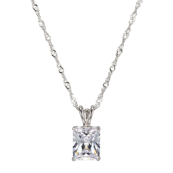 Platinum-Plated .925 Sterling Silver Emerald Cut 4 cttw 3/8” Cubic Zirconia Solitaire Pendant Necklace, 18"