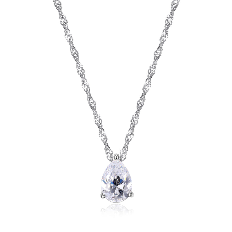 Platinum Plated Sterling Silver Cubic Zirconia Teardrop Pendant Necklace, 18"